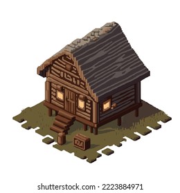 Isometric wooden hut, tiny wooden house illustration