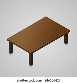 Isometric wooden kitchen table isolated on light background.