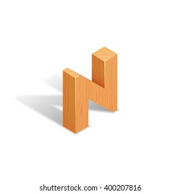 Isometric wooden letter N with shadow.
