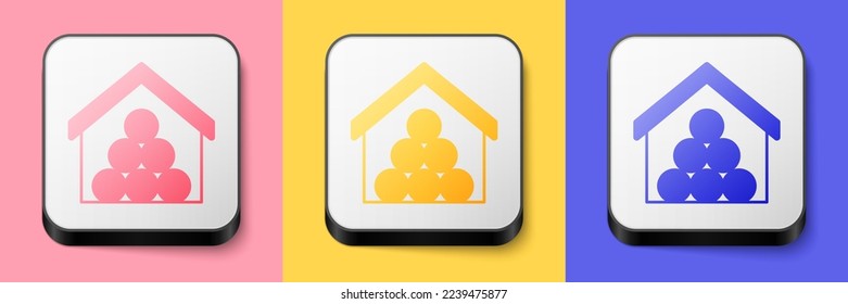 Isometric Wooden logs icon isolated on pink, yellow and blue background. Stack of firewood. Square button. Vector