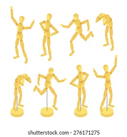 Isometric wooden mannequins. The objects are isolated against the white background and shown in various poses
