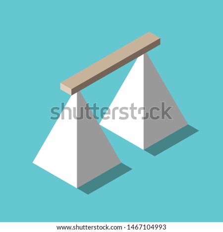 Isometric wooden plank bridge connecting two white pyramids on turquoise blue. Risk, connection, challenge and courage concept. Flat design. Eps 8 vector illustration, no transparency, no gradients