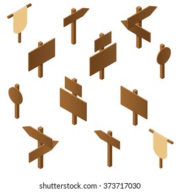 Isometric Wooden Pointers. Brown Plywood. Rustic Signs Direction Road. Stand For Posters And Ads. The Arrow Direction. Game Design. Vector Illustration.