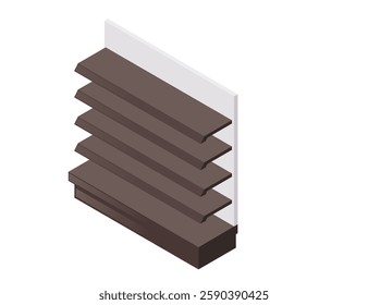 Isometric wooden store shelf with multiple horizontal levels. Black wood planks. Empty storage shelf. Supermarket or grocery store furniture. Vector illustration isolated on white background.