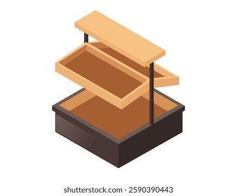 Isometric wooden store shelf with multiple horizontal levels. Brown wood planks. Empty storage shelf. Supermarket or grocery store furniture. Vector illustration isolated on white background.