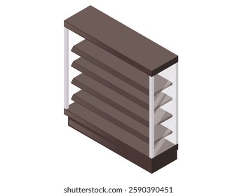 Isometric wooden store shelf with multiple horizontal levels. Black wood planks. Empty storage shelf. Supermarket or grocery store furniture. Vector illustration isolated on white background.