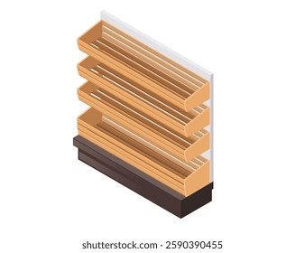 Isometric wooden store shelf with multiple horizontal levels. Light brown wood planks. Empty storage shelf. Supermarket or grocery store furniture. Vector illustration isolated on white background.