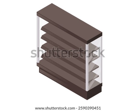Isometric wooden store shelf with multiple horizontal levels. Black wood planks. Empty storage shelf. Supermarket or grocery store furniture. Vector illustration isolated on white background.