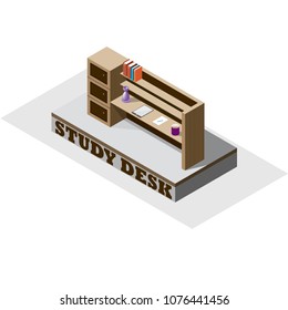 Isometric Wooden Study Desk, Study table with books iPad, notepad, cup, Locker