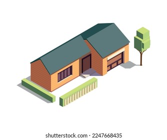 Isometric wooden suburban house with garage and fence 3d vector illustration