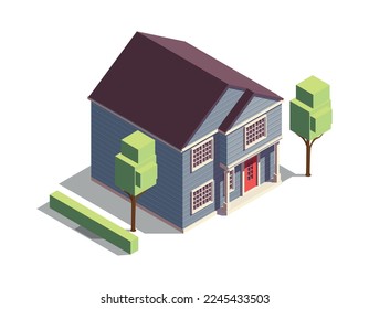 Isometric wooden suburban residential building with green bushes and trees 3d vector illustration