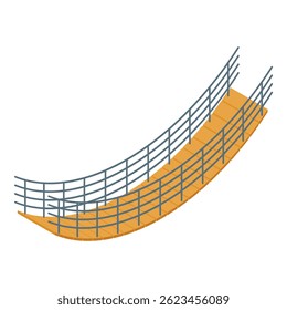 Isometric wooden suspension bridge with metal railing connecting two sides, isolated on white background