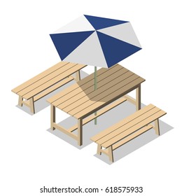 Isometric Wooden Table And Chairs With Umbrella. Flat 3d Outdoor Furniture Vector Illustration.