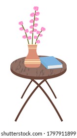 Isometric wooden table with flowers in vase, book isolated at white. Coffee table with diary and fresh flowers. Decoration elements for house. Wooden furniture, spring branches with pink blooming