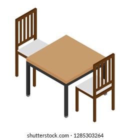 Isometric wooden table and two chairs isolated on white. Interior design elements. Furniture