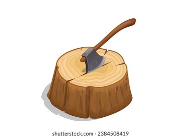 isometric wooden tree stump with axe
