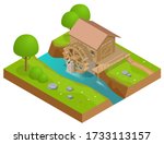 Isometric wooden water mill. Working watermill wheel with falling water.