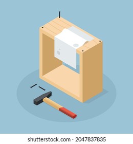 Isometric woodworking craft vector illustration. Craftsman workshop creating wooden box with hammer, nails and paper sheet instruction. Handicraft woodwork instrument equipment. Hardwood squared case