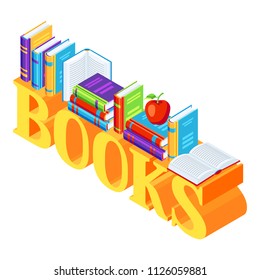 Isometric word with books. Education or bookstore illustration in flat design style.
