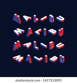 isometric word 'malibu' vector concept illustration. abstract trend retro typography with symbols in geometric 3D shape style with blue and red colors. eps 10