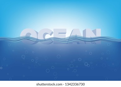 isometric word 'ocean' under transparent water wave. realistic underwater blue vector illustration with bubbles