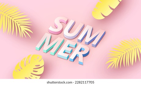 Palabra isométrica del texto de VERANO en la playa con hojas tropicales en primer plano. Caligrafía veraniega. Diseño de texto en VERANO. corte de papel y estilo artesanal. vector, ilustración.