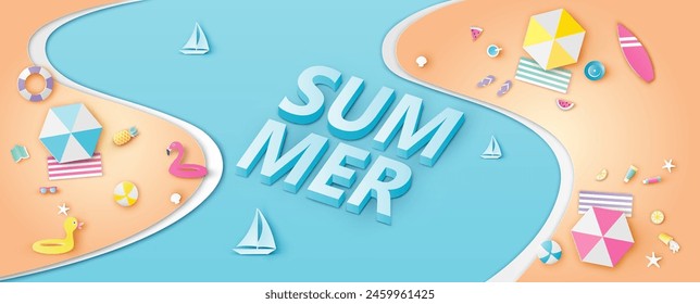 Palabra isométrica de texto de VERANO en el mar con equipo de playa en la playa de arena. Caligrafía de VERANO. corte de papel y estilo artesanal. Vector, ilustración.