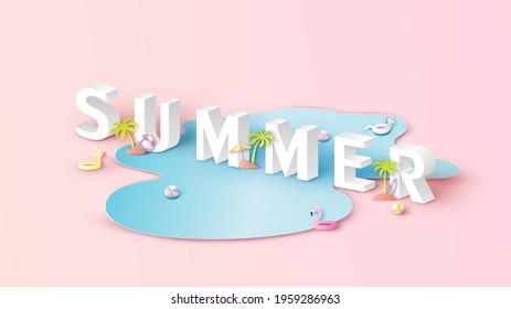 Isometric word of SUMMER text with sea beach and beach equipment. Summer calligraphy. SUMMER text design. paper cut and craft style. vector, illustration.