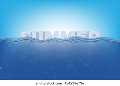 isometric word 'summer' under transparent water wave. realistic underwater blue vector illustration with bubbles