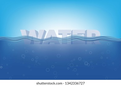 isometric word 'water' under transparent water wave. realistic underwater blue vector illustration with bubbles