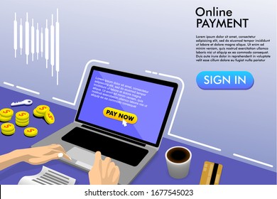 Isometric Work From Home Concept. Website Landing Page. E-commerce market shopping online. With Computer, Documents, Credit card, money, And Cup Of Coffee. Web Page  Vector Illustration