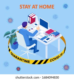 Isometric work from home. Corona virus - staying and working at home. working from home during Covid-19. Self-isolation shield from coronavirus