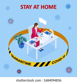 Isometric work from home. Corona virus - staying and working at home. working from home during Covid-19. Self-isolation shield from coronavirus