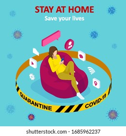 Isometric work from home. Corona virus - staying and working at home. working from home during Covid-19. Self-isolation shield from coronavirus