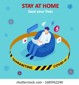 Isometric work from home. Corona virus - staying and working at home. working from home during Covid-19. Self-isolation shield from coronavirus