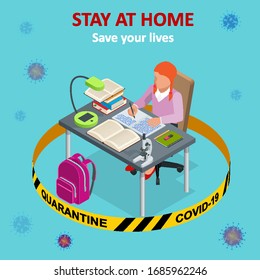 Isometric work from home. Corona virus - staying and working at home. working from home during Covid-19. Self-isolation shield from coronavirus