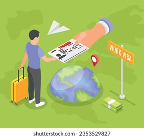 Isometric work migration concept with man with suitcase getting visa for employment abroad vector illustration