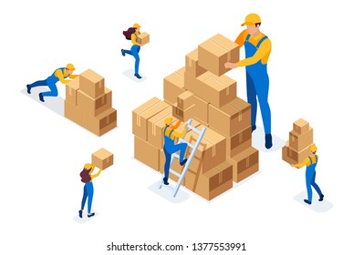 Isometric The work of movers in the warehouse, placing boxes, collecting goods. Concept for web design.