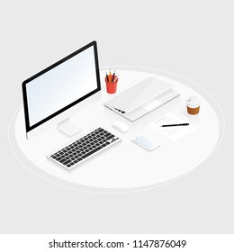 isometric work place computer laptop vector