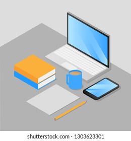 Isometric work place freelancer, gamer and office employee. Laptop and Mobile Phone Isolated. Devises with empty screen. Books, cup of coffee and pencil vector illustration