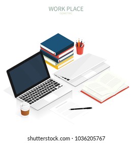 isometric work place laptop vector