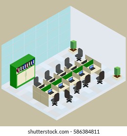 Isometric work place with set of objects: table, computer; bookshelves, armchair, folder in vector