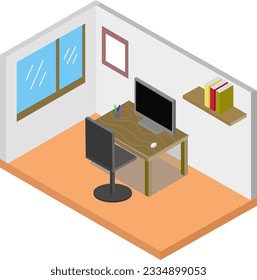 Isometric work room with a computer on a wooden table. With a bookshelf on the wall and a dark chair in the room. Conceptual office interior design in vector illustration EPS 10