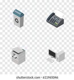 Isometric Work Set Of Computer, Office Phone, Scanner And Other Vector Objects. Also Includes Trash, PC, Desktop Elements.