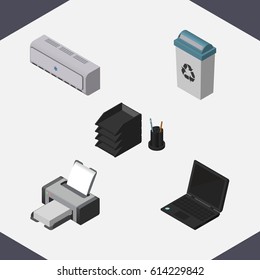 Isometric Work Set Of Desk File Rack, Printing Machine, Wall Cooler And Other Vector Objects. Also Includes Junk, File, Tray Elements.