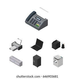 Isometric Work Set Of Laptop, Strongbox, Office Phone And Other Vector Objects. Also Includes Telefax, Photocopier, Telephone Elements.