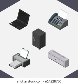 Isometric Work Set Of Office Phone, Strongbox, Printing Machine And Other Vector Objects. Also Includes Printer, Safe, Cooler Elements.