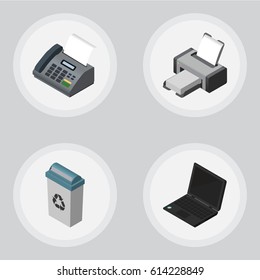 Isometric Work Set Of Office Phone, Garbage Container, Printing Machine And Other Vector Objects. Also Includes Computer, Printer, Notebook Elements.
