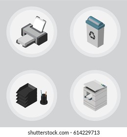 Isometric Work Set Of Scanner, Garbage Container, Desk File Rack And Other Vector Objects. Also Includes Bin, Photocopier, Printer Elements.