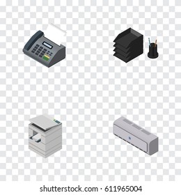 Isometric Work Set Of Wall Cooler, Office Phone, Desk File Rack And Other Vector Objects. Also Includes Fax, Cooler, File Elements.